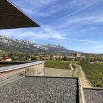 På terrassen på läckra BaiGorri med berget Sierra Cantabria i bakgrunden
