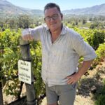 Reseledaren lutar sig mot en Shiraz-ranka på La Petit Ferme i Franschhoek Reseledaren lutar sig mot en Shiraz-ranka på La Petit Ferme i Franschhoek